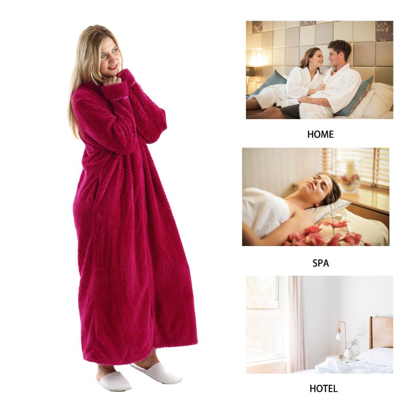 Oksun Womens Fleece Warm Robe: Cozy Flannel Long Zipper Bathrobe - Plush Winter Housecoat Nightgown (Red, X-Large) - Image 3